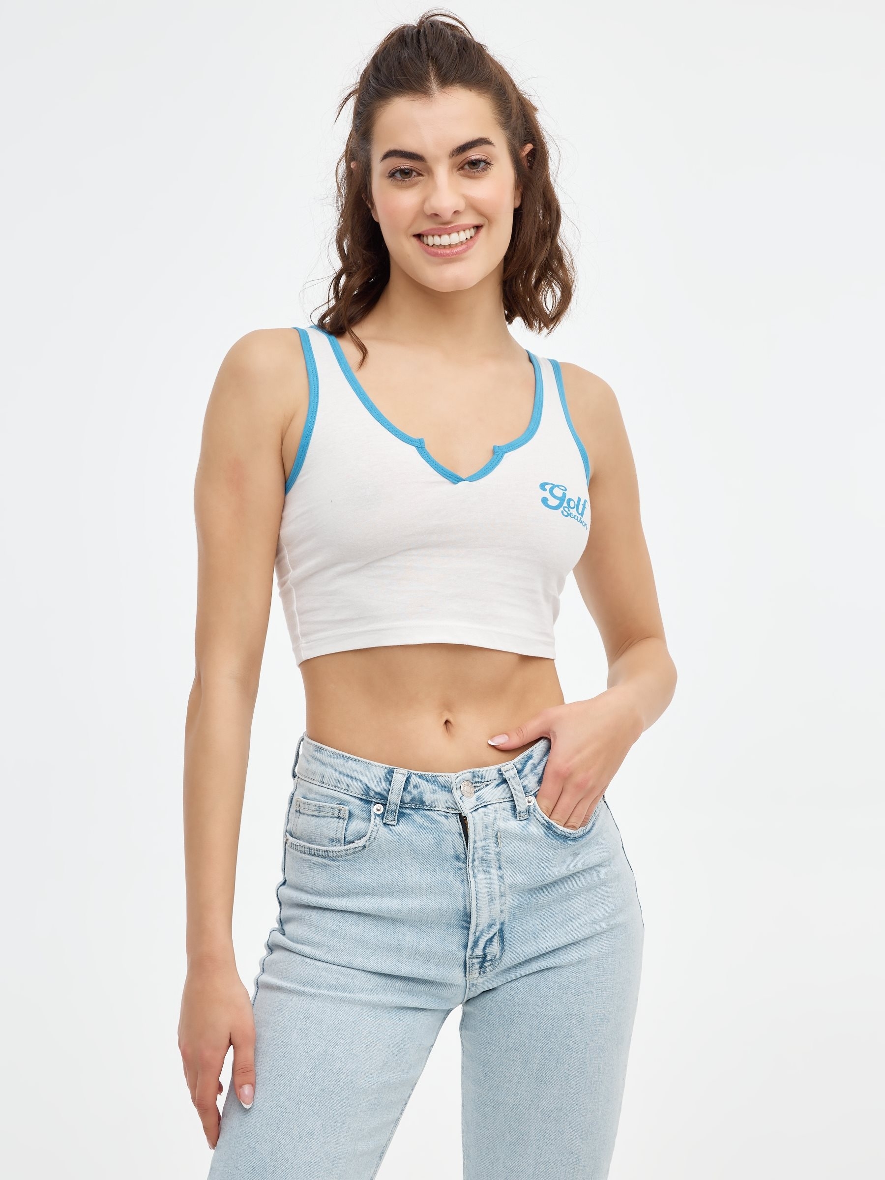 Camiseta Crop Top Varsity azul vista media frontal