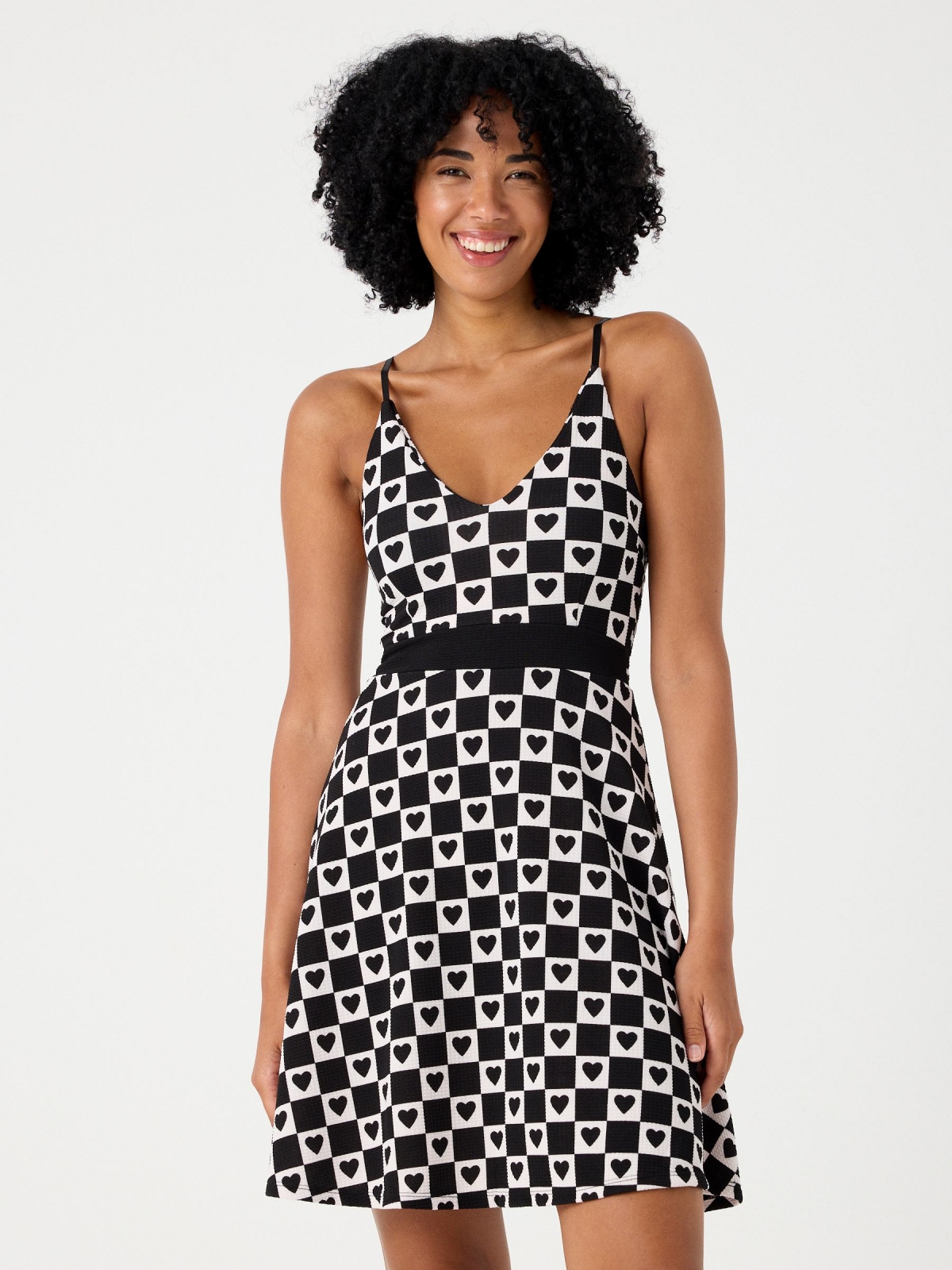 Checkerboard hearts dress black three-quarter front view