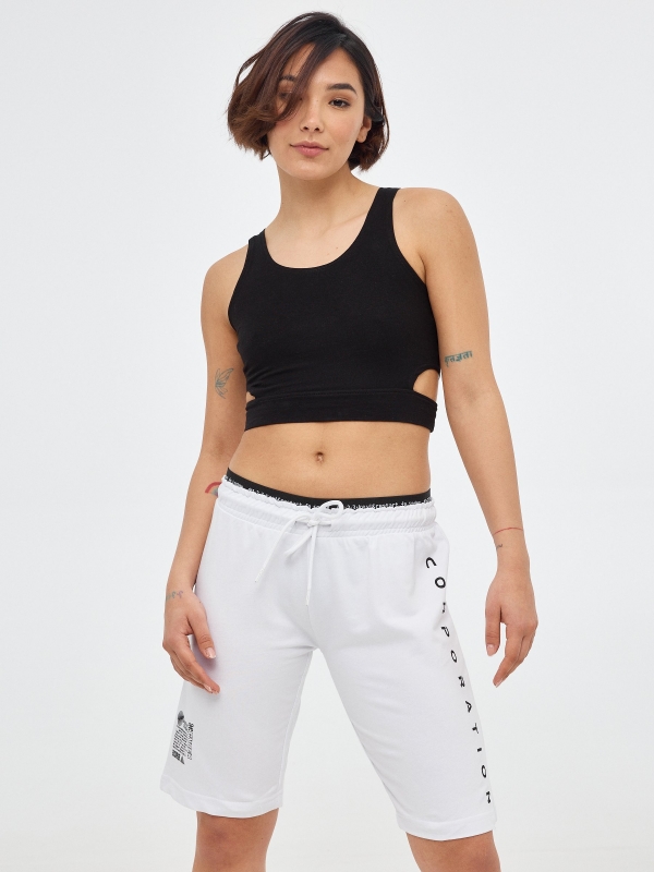 Calções de bermudas de velo com cintura elástica branco vista geral frontal