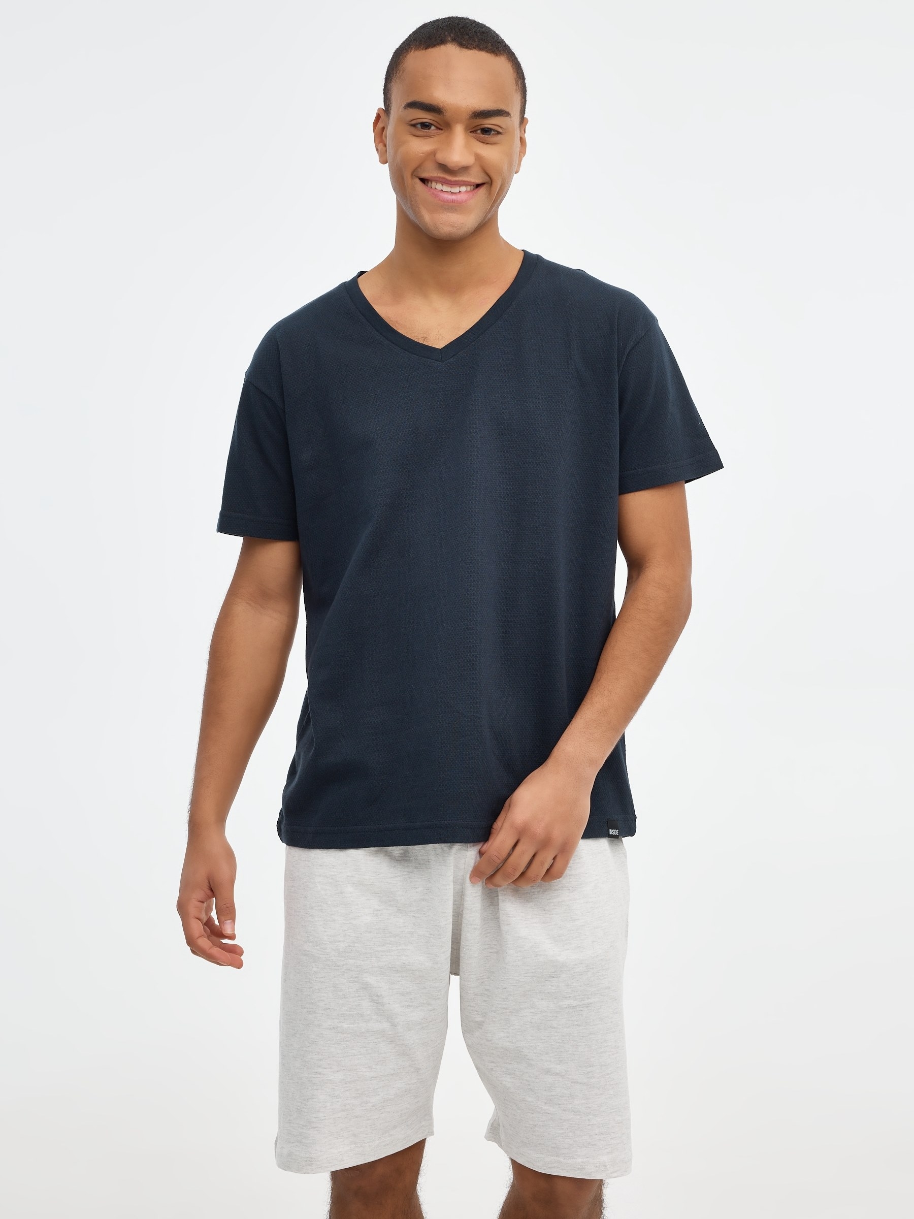 Men's short sleeve pajamas dark blue middle front view