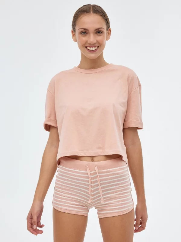Conjunto pijama de rayas rosa nude vista media frontal