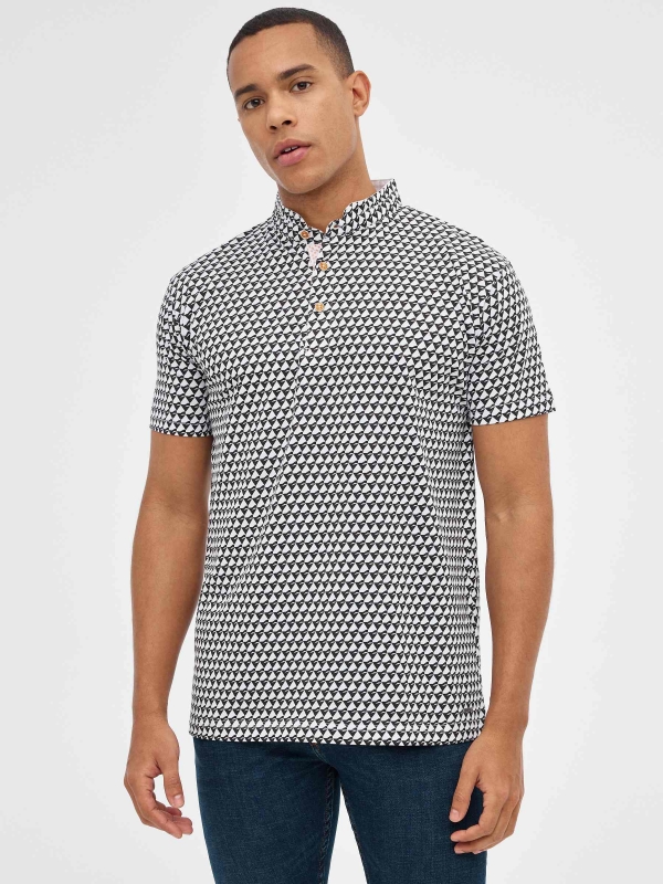 Blue geometric print polo shirt black middle front view