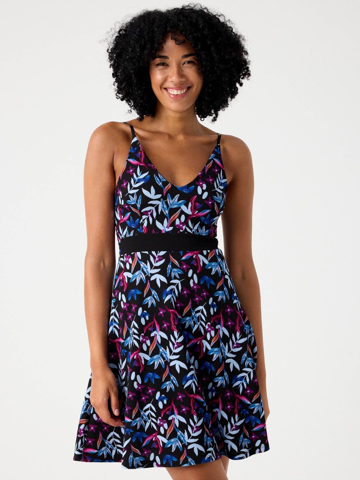 Elastic leaf print dress black three-quarter front view