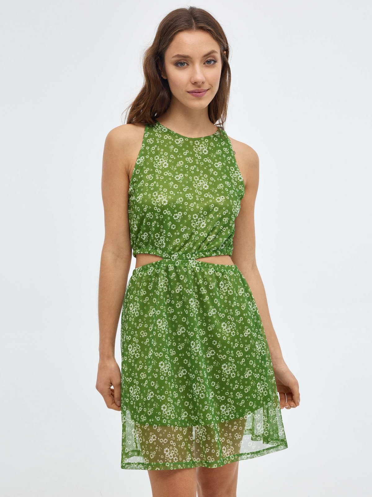 Vestido mini flores cut out verde vista media frontal
