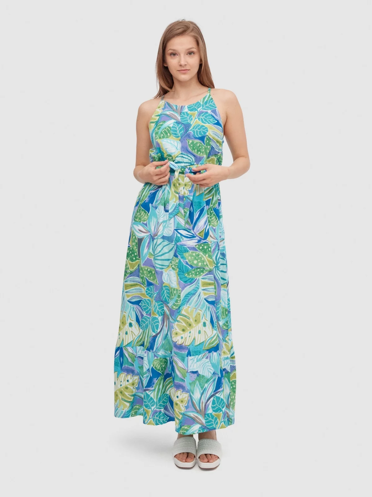 Leaf-print Halter maxi dress blue middle front view