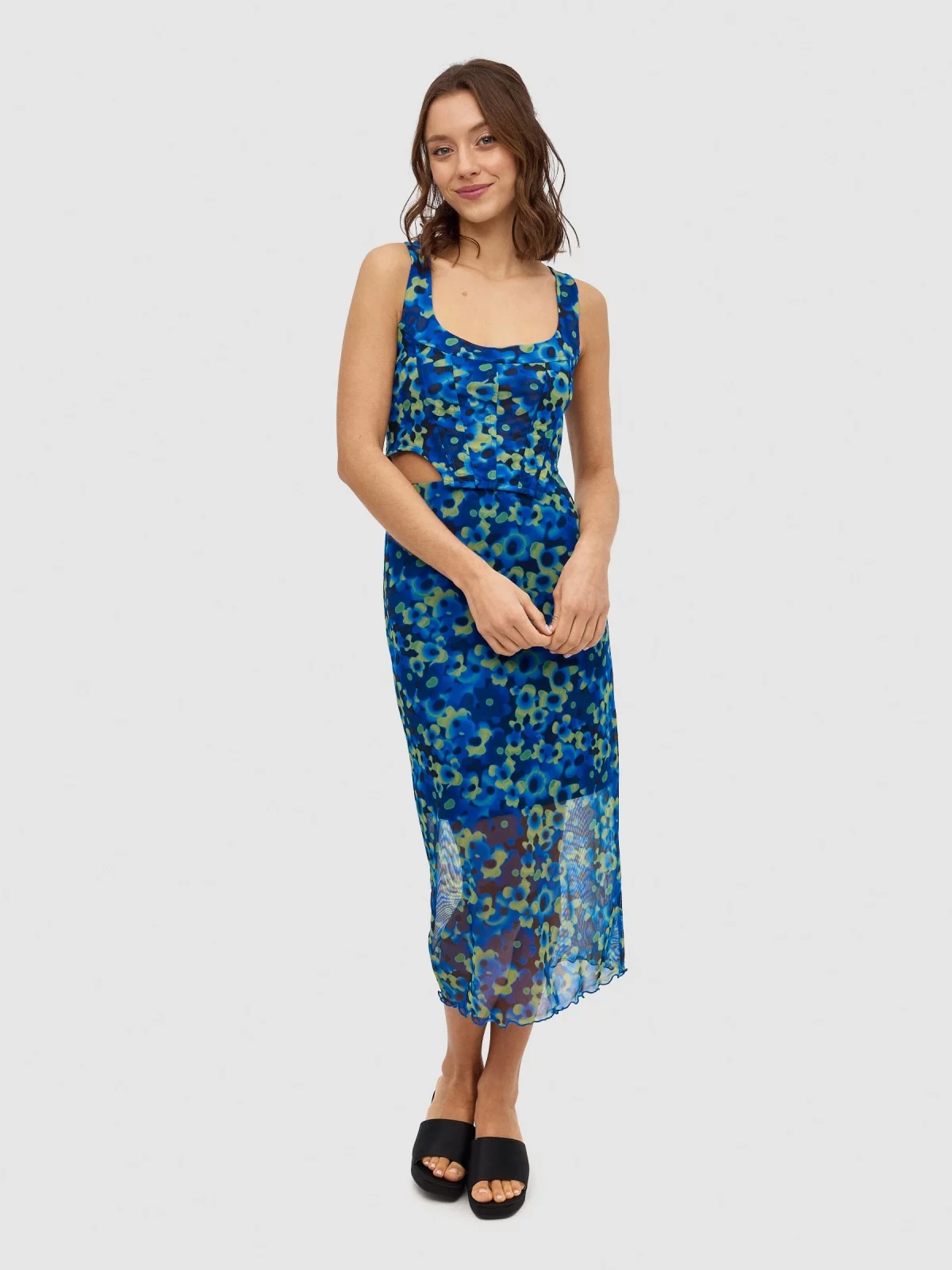Saia midi de tull floral azul vista meia frontal