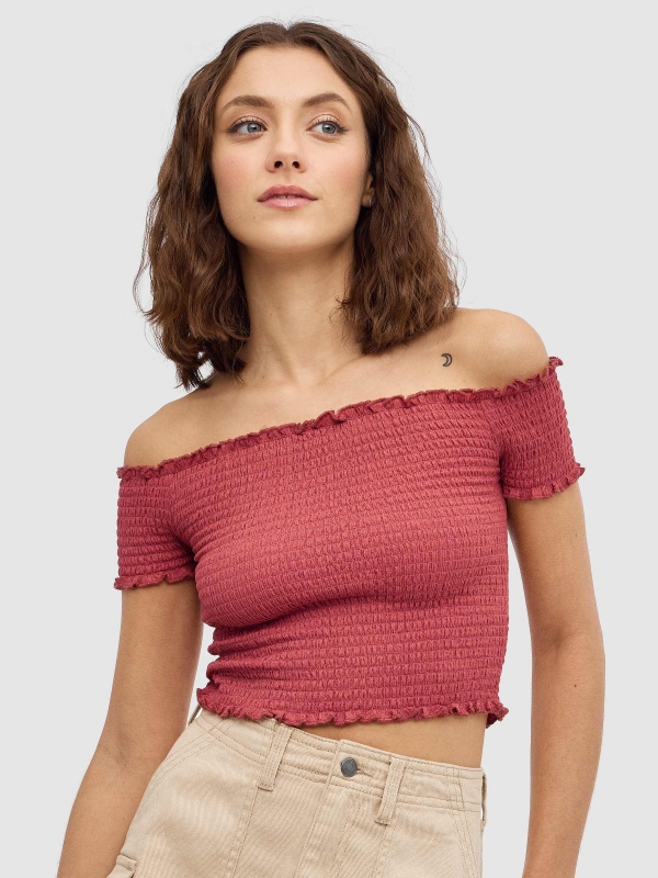 Top boat neck gathered red middle front view