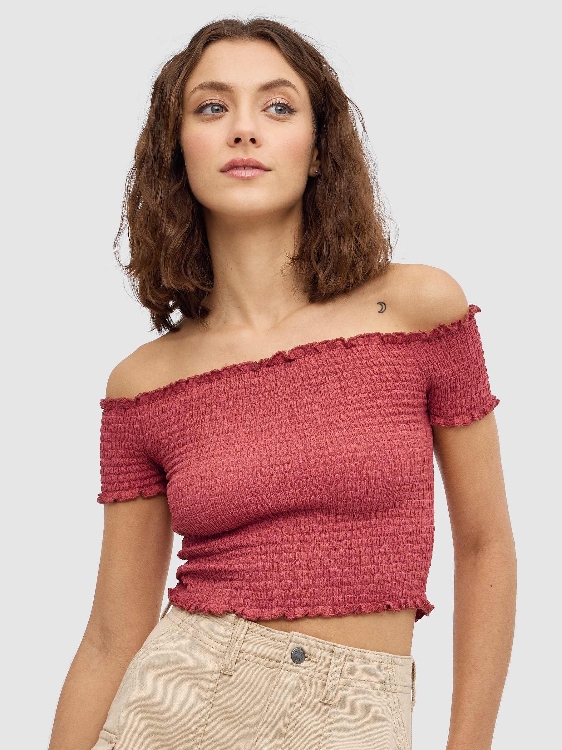 Top boat neck gathered red middle front view