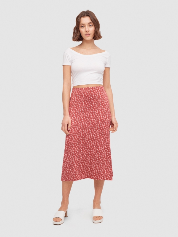 Falda midi flores rojo vista media frontal