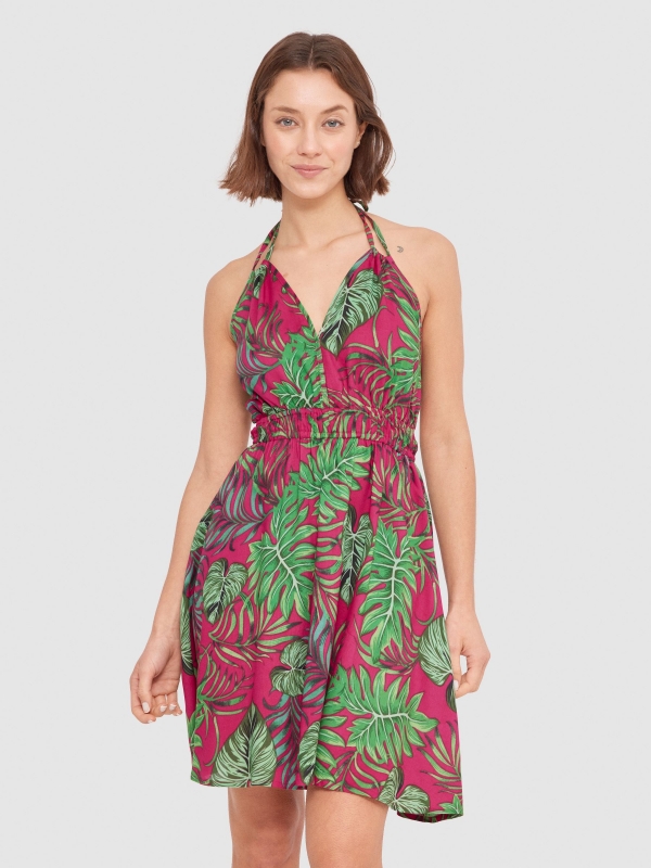 Tropical print halter minidress multicolor three-quarter front view