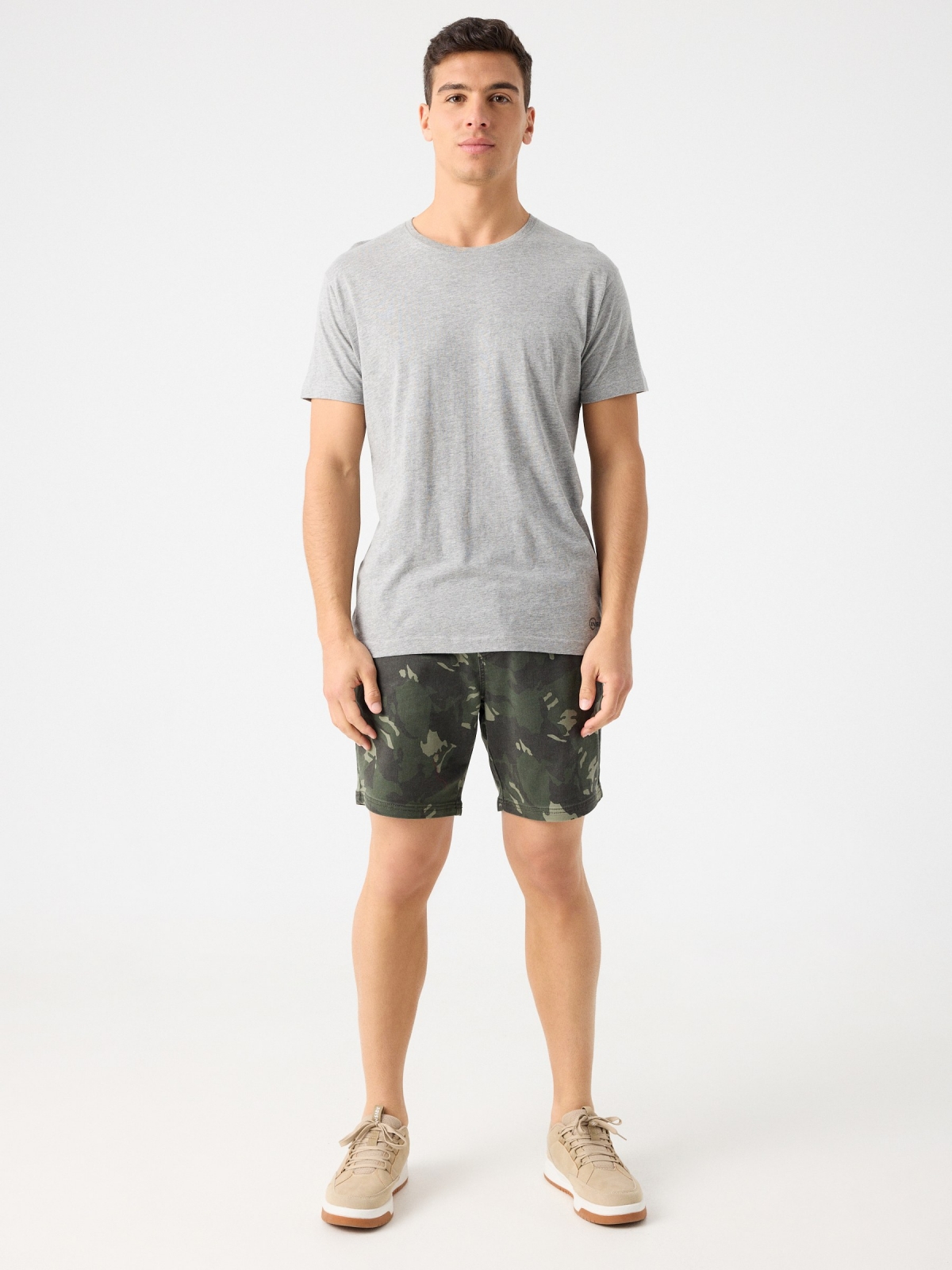 Elastic waist camouflage Bermuda short dark green front view