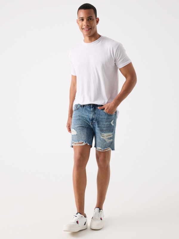 Ripped denim bermuda shorts steel blue front view