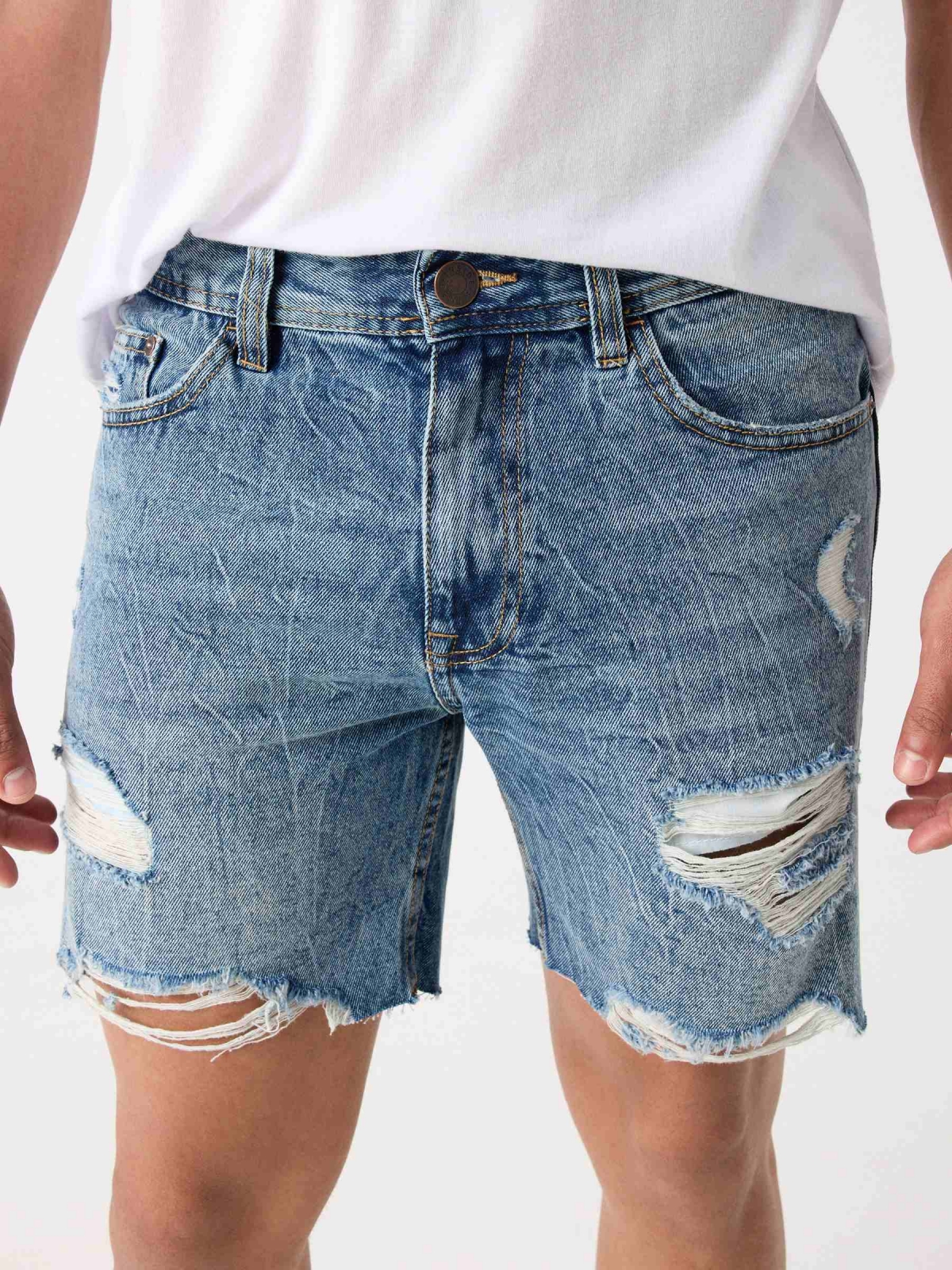 Ripped denim bermuda shorts steel blue detail view