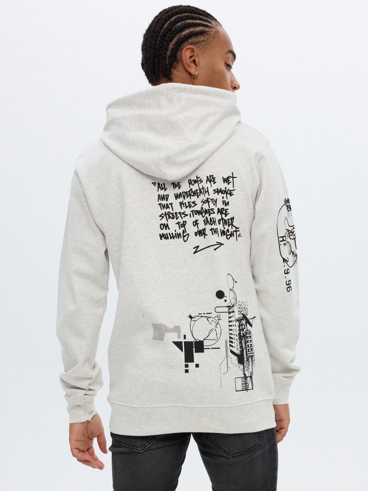 Print hooded sweatshirt light grey middle back view