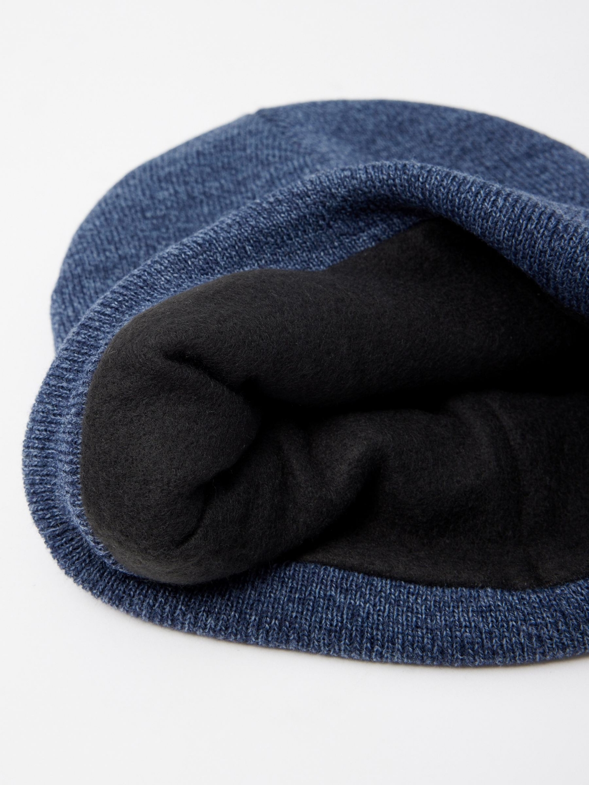 Blue fleece lined hat indigo detail view