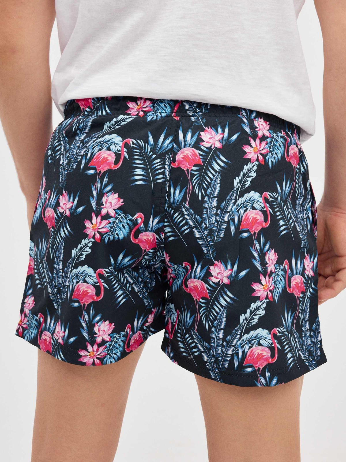 Fato de banho Flamingo estampado preto vista detalhe