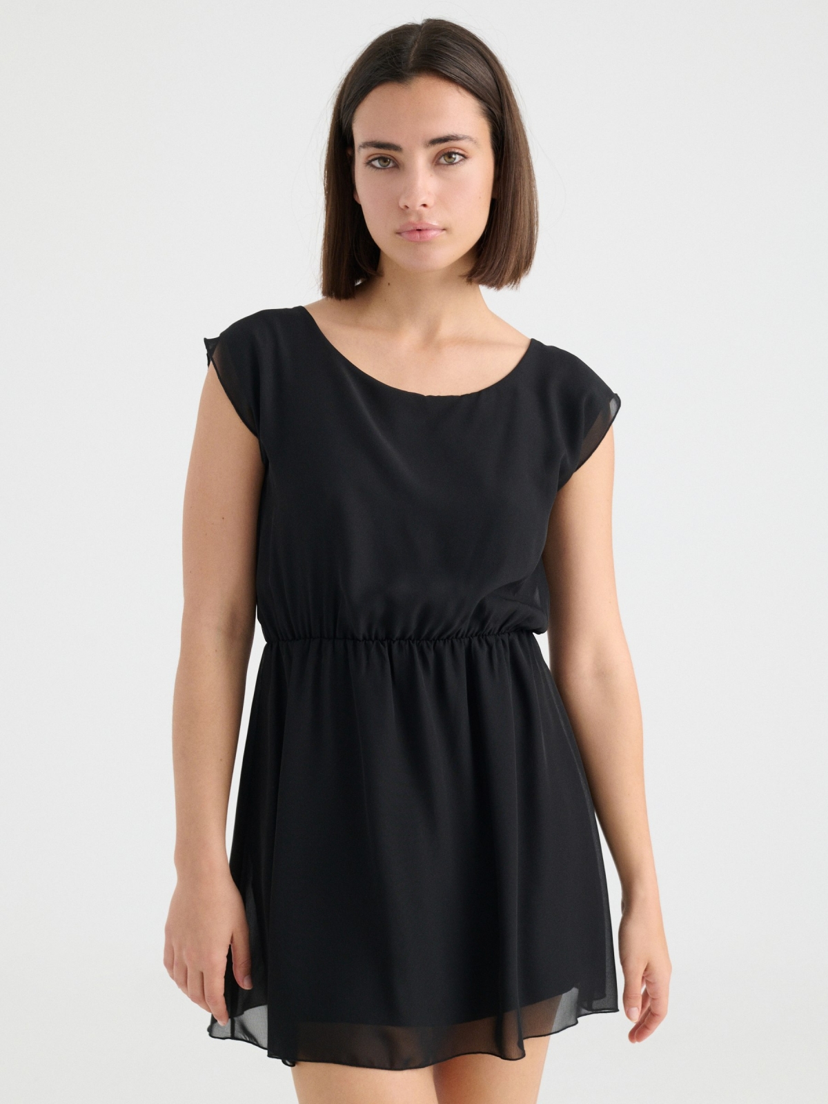 Elastic waist dress black three-quarter front view