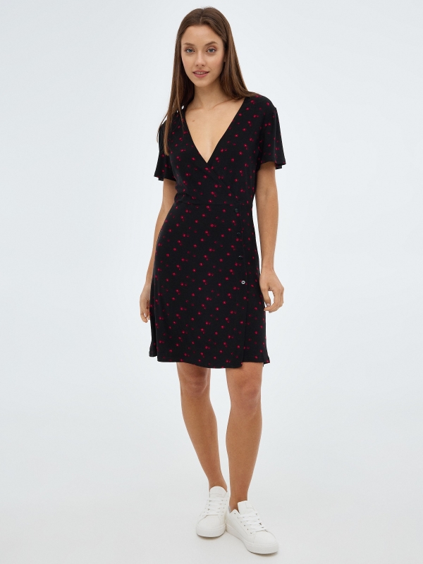 Floral mini cross dress black front view