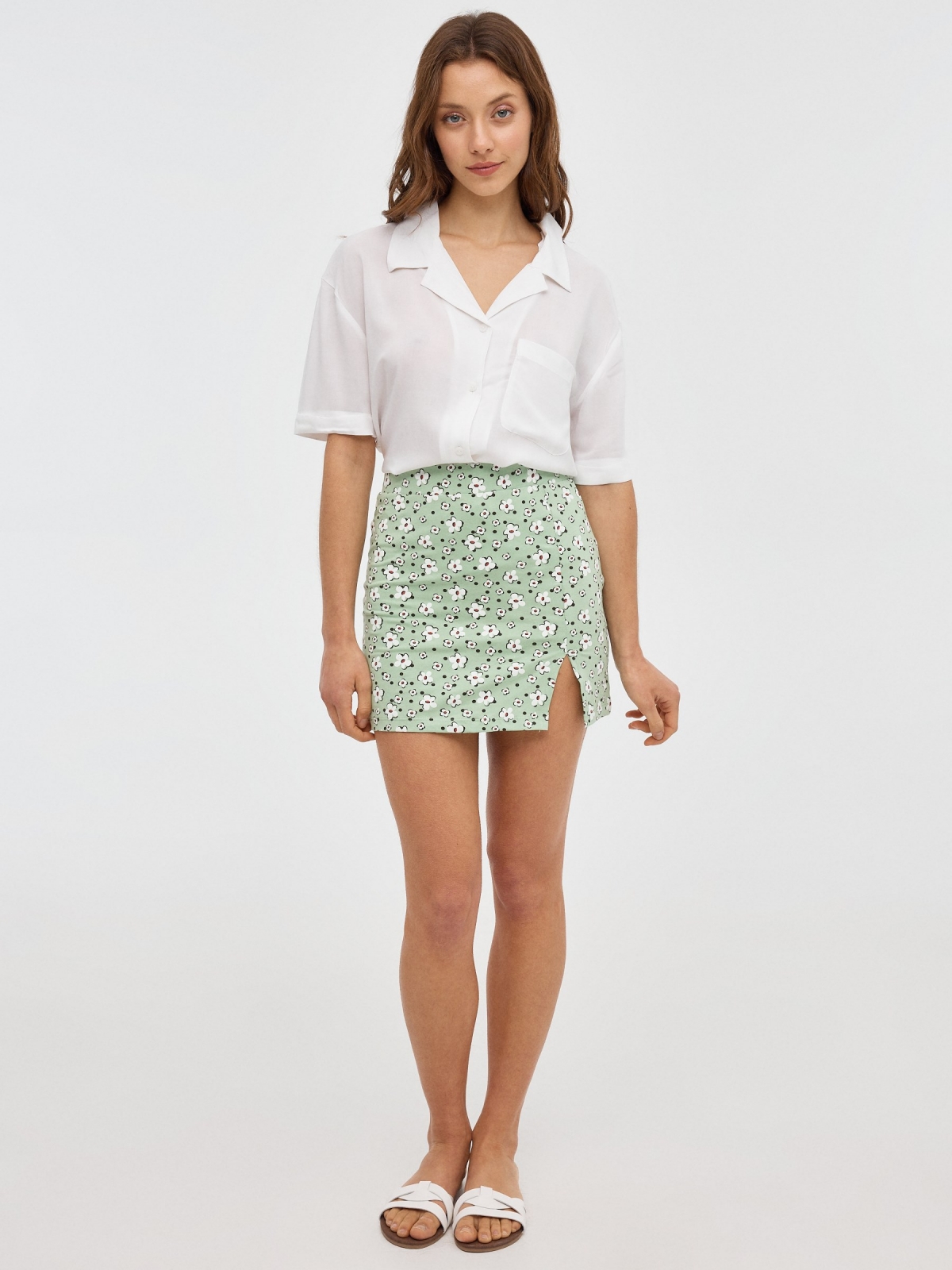 Green flower print mini skirt light green front view