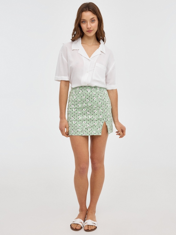 Green flower print mini skirt light green front view