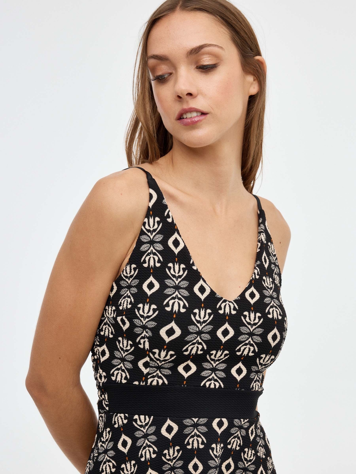 Ethnic print mini dress black detail view