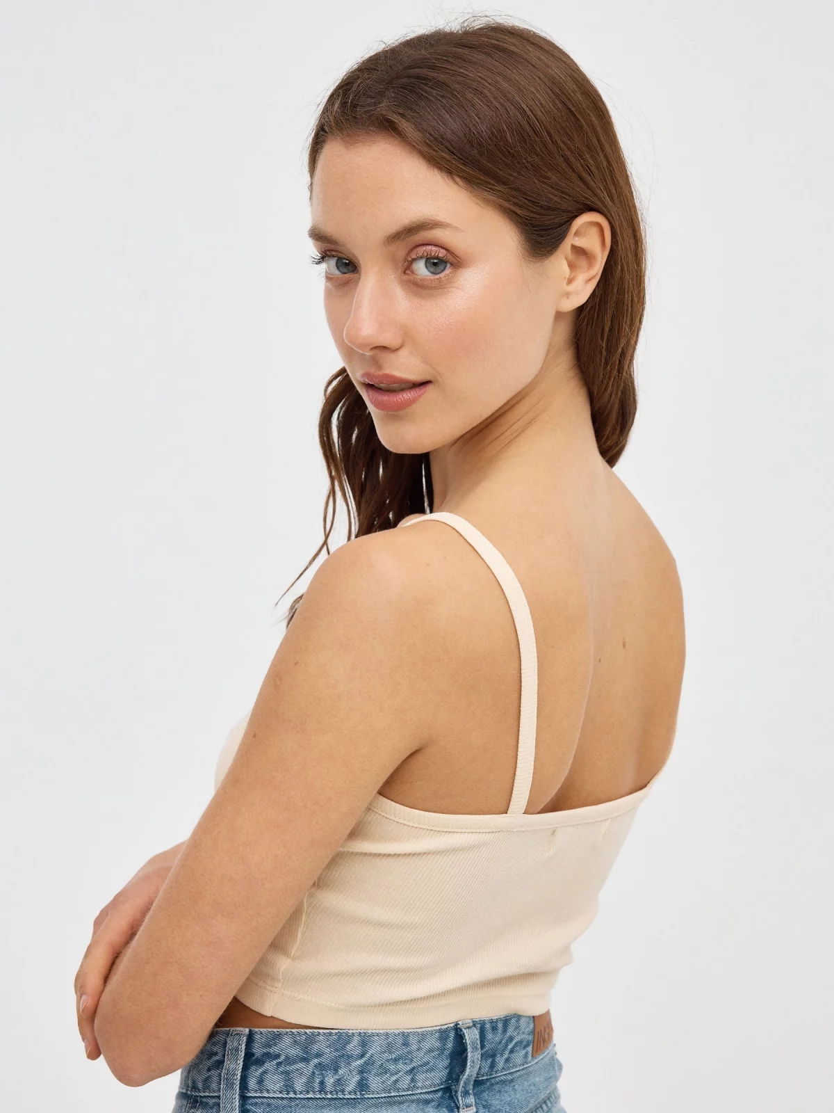 Crop top Angel or Devil areia vista meia traseira