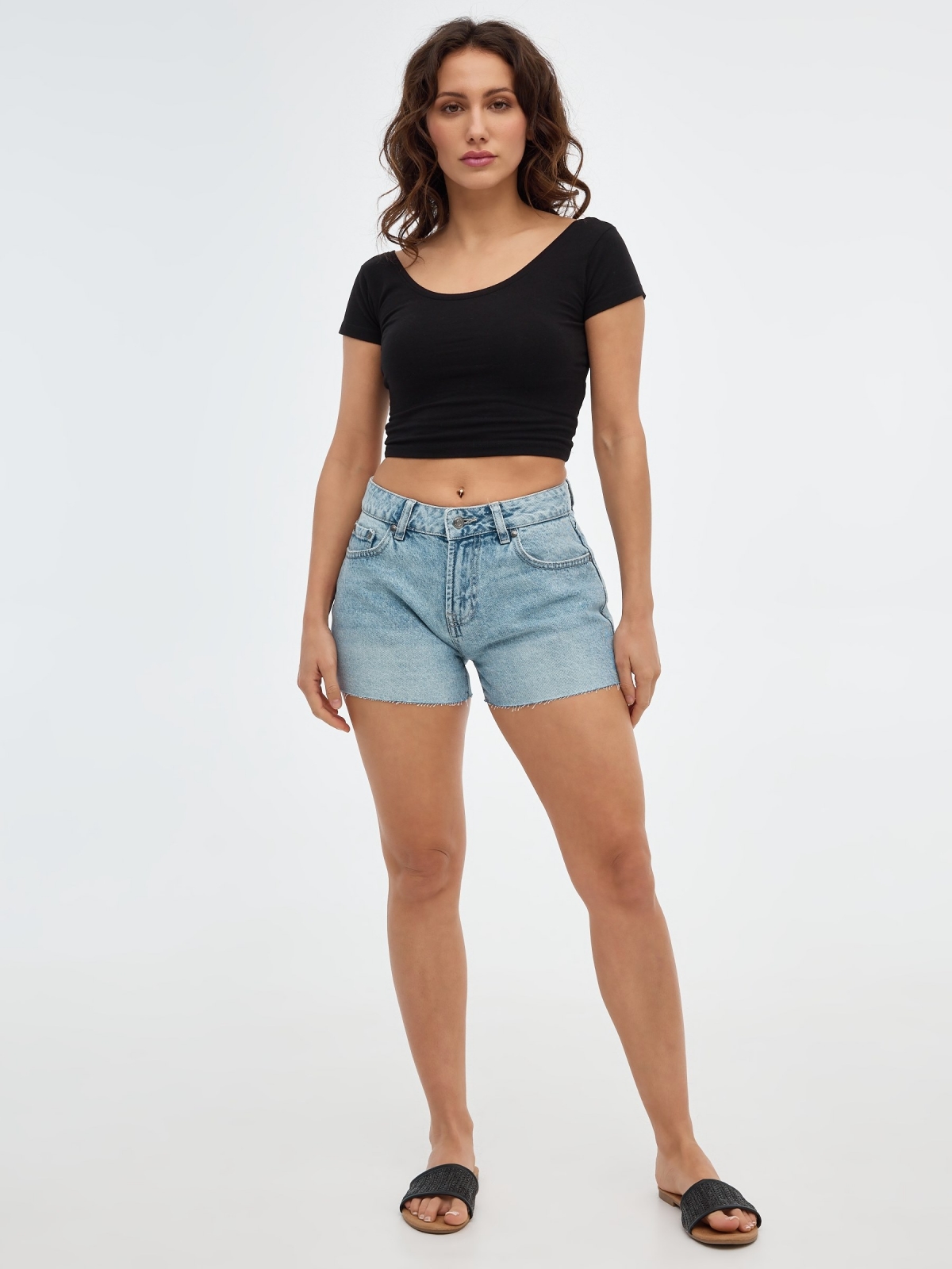 Mid rise denim shorts blue general front view