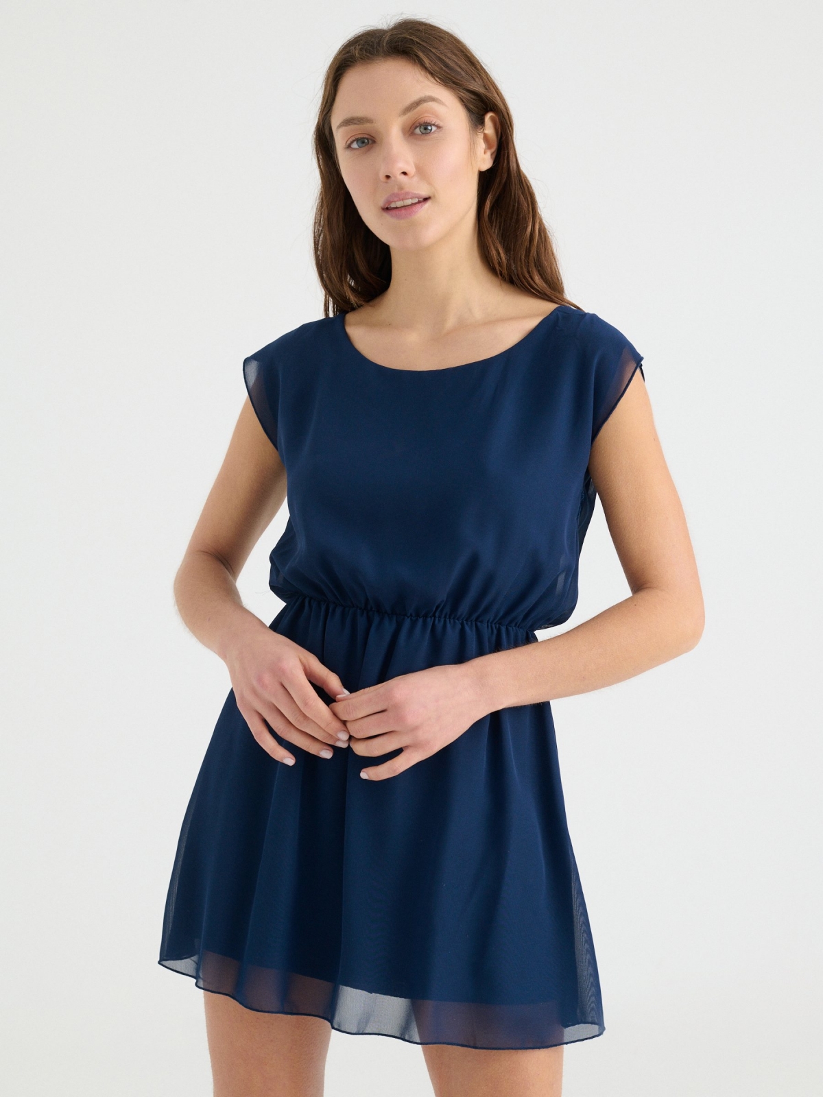 Elastic waist dress blue three-quarter front view