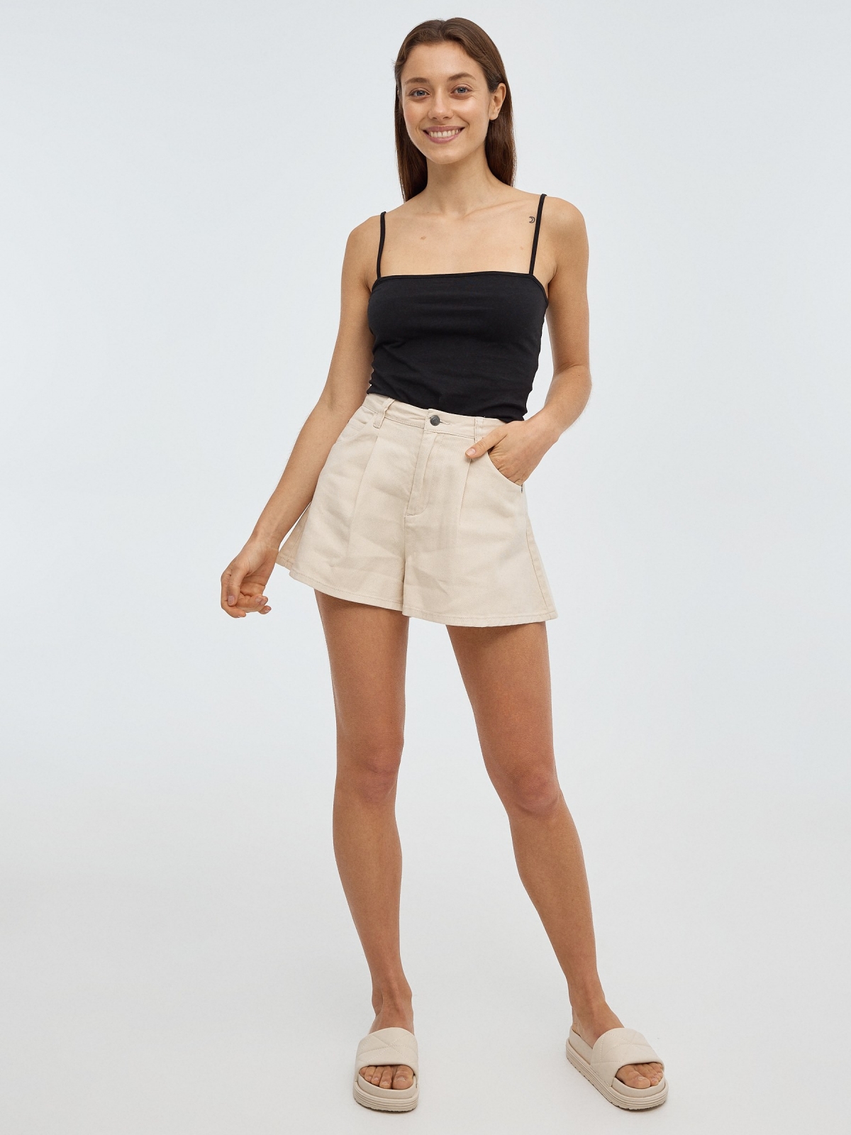 Flared twill shorts sand front view