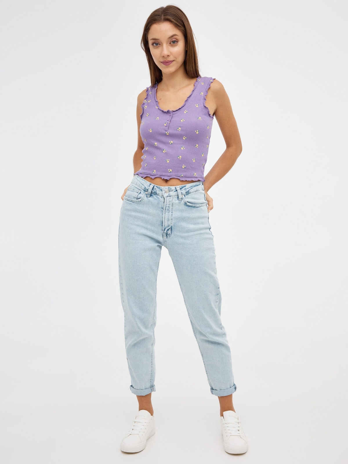 Camiseta Crop Print Rib morado vista general frontal