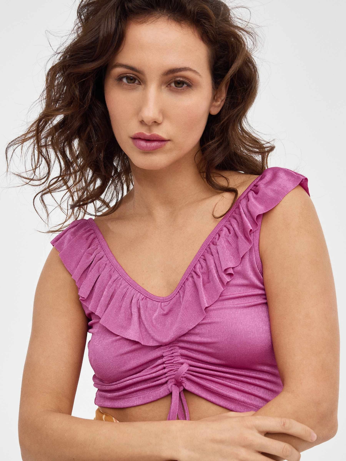 Fuchsia satin ruffled top magenta detail view