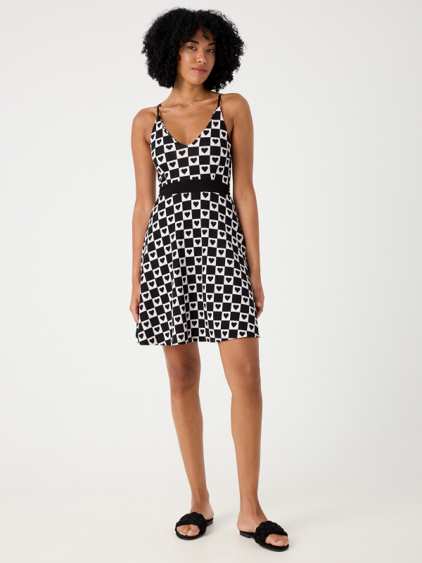 Checkerboard hearts dress black general front view