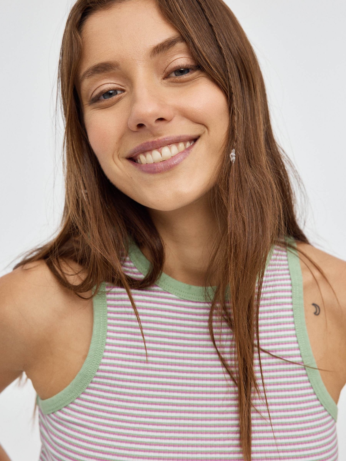 Striped halter crop top light green detail view