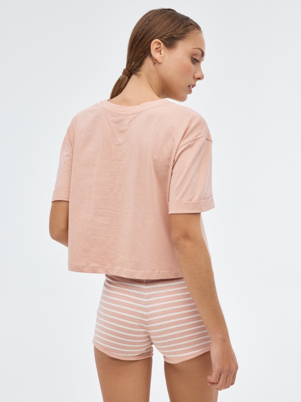 Conjunto de pyjama listrado rosa nude vista meia traseira