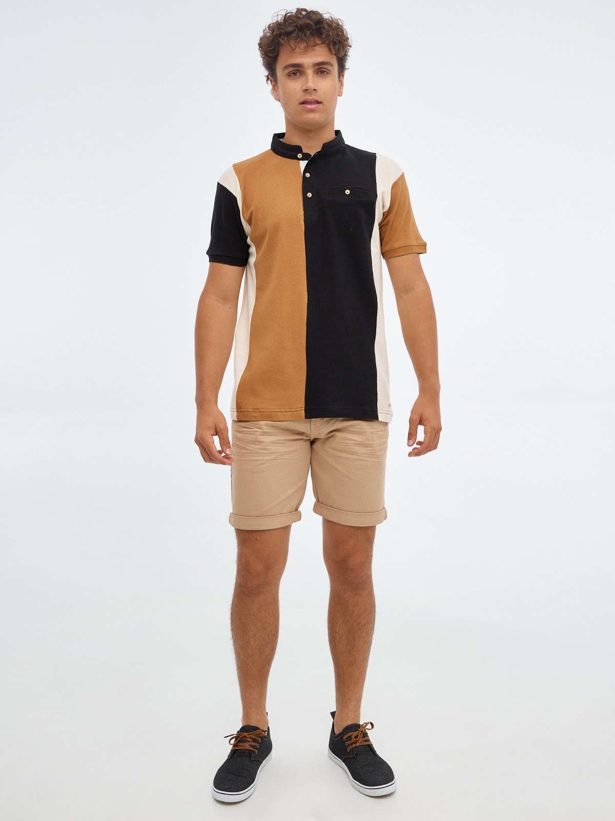 Polo shirt mao colour block black front view