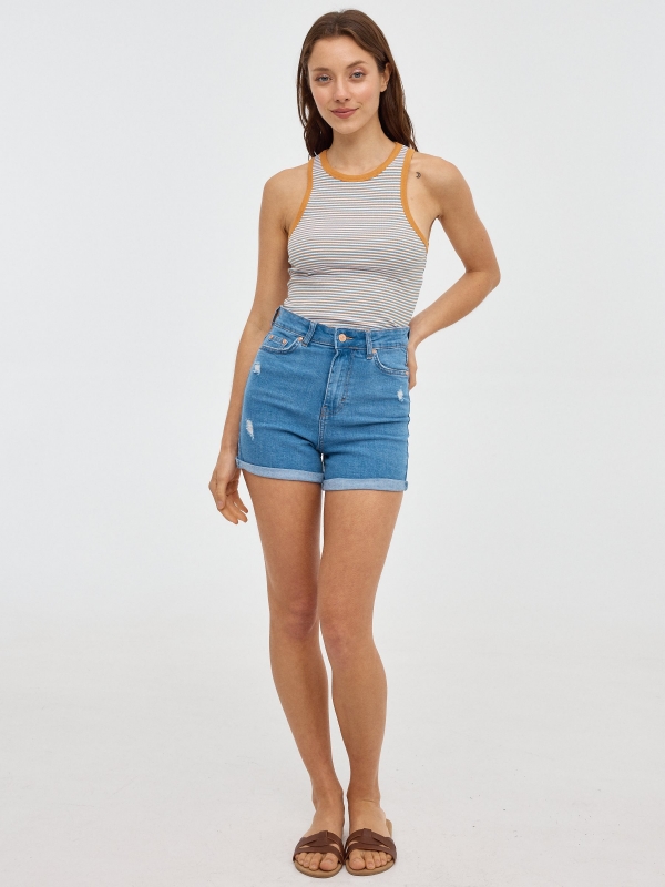 Crop top halter de rayas camel vista general frontal