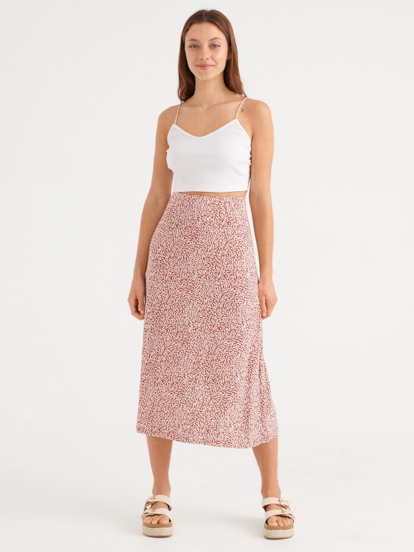 Printed midi skirt brick red front view