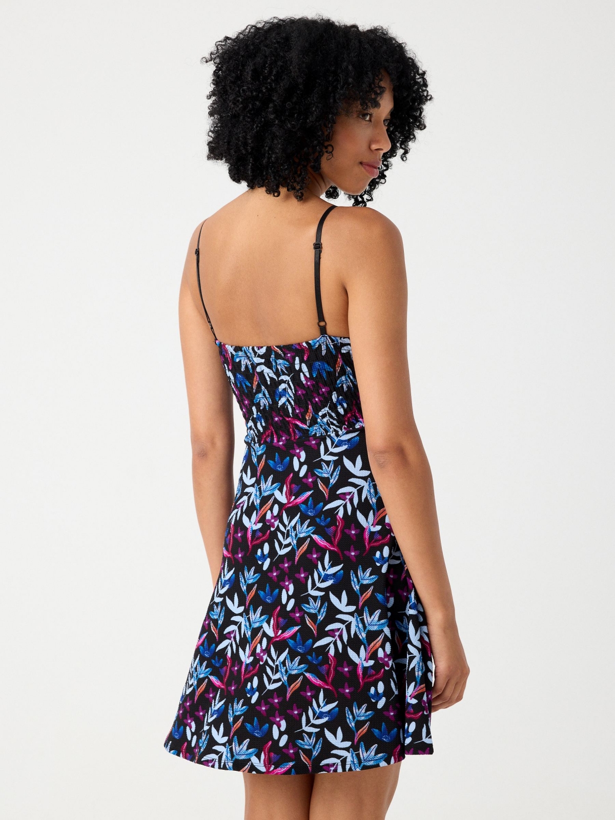 Elastic leaf print dress black three-quarter back view