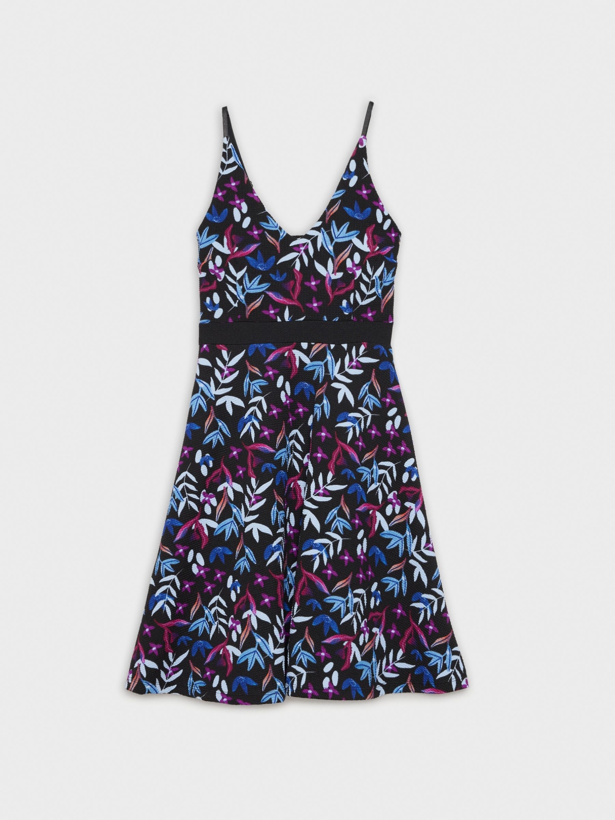 Elastic leaf print dress black front detail view