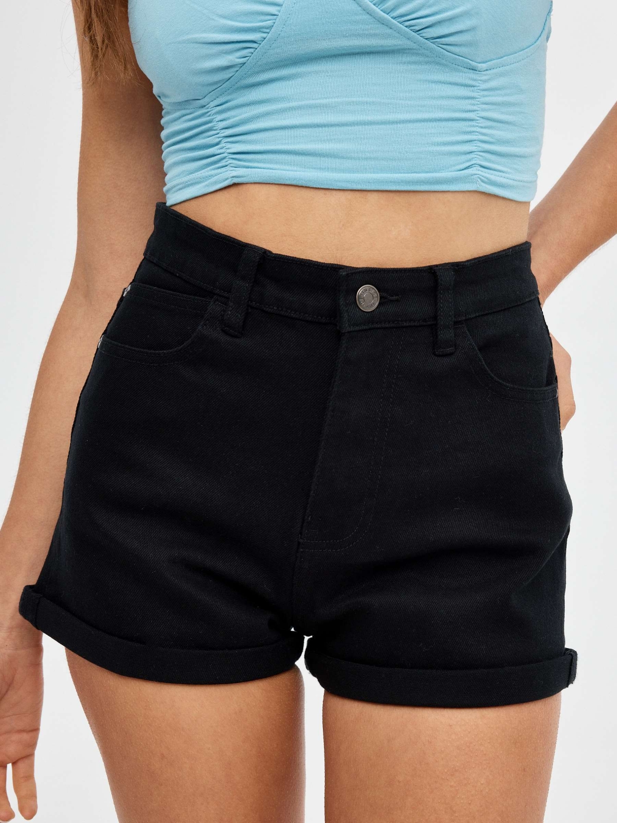 Color denim mom shorts black back detail view