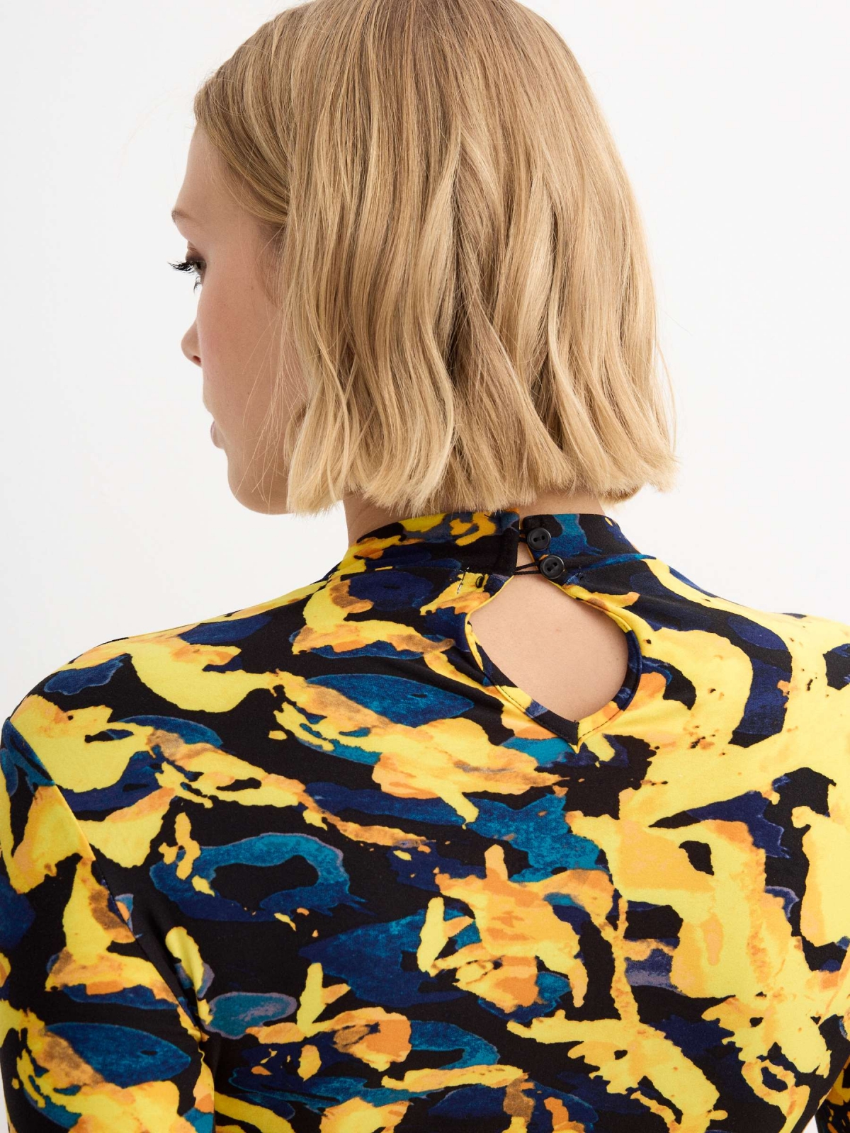 Draped mini print dress yellow back detail view