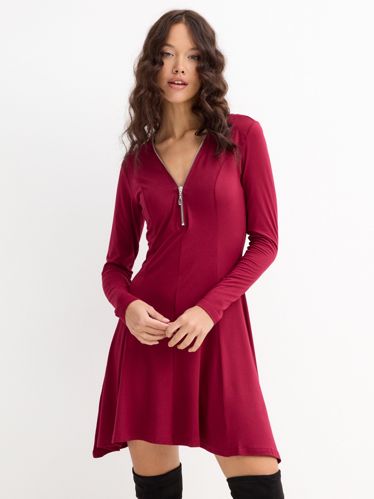 Mini dress with zipper neckline garnet three-quarter front view