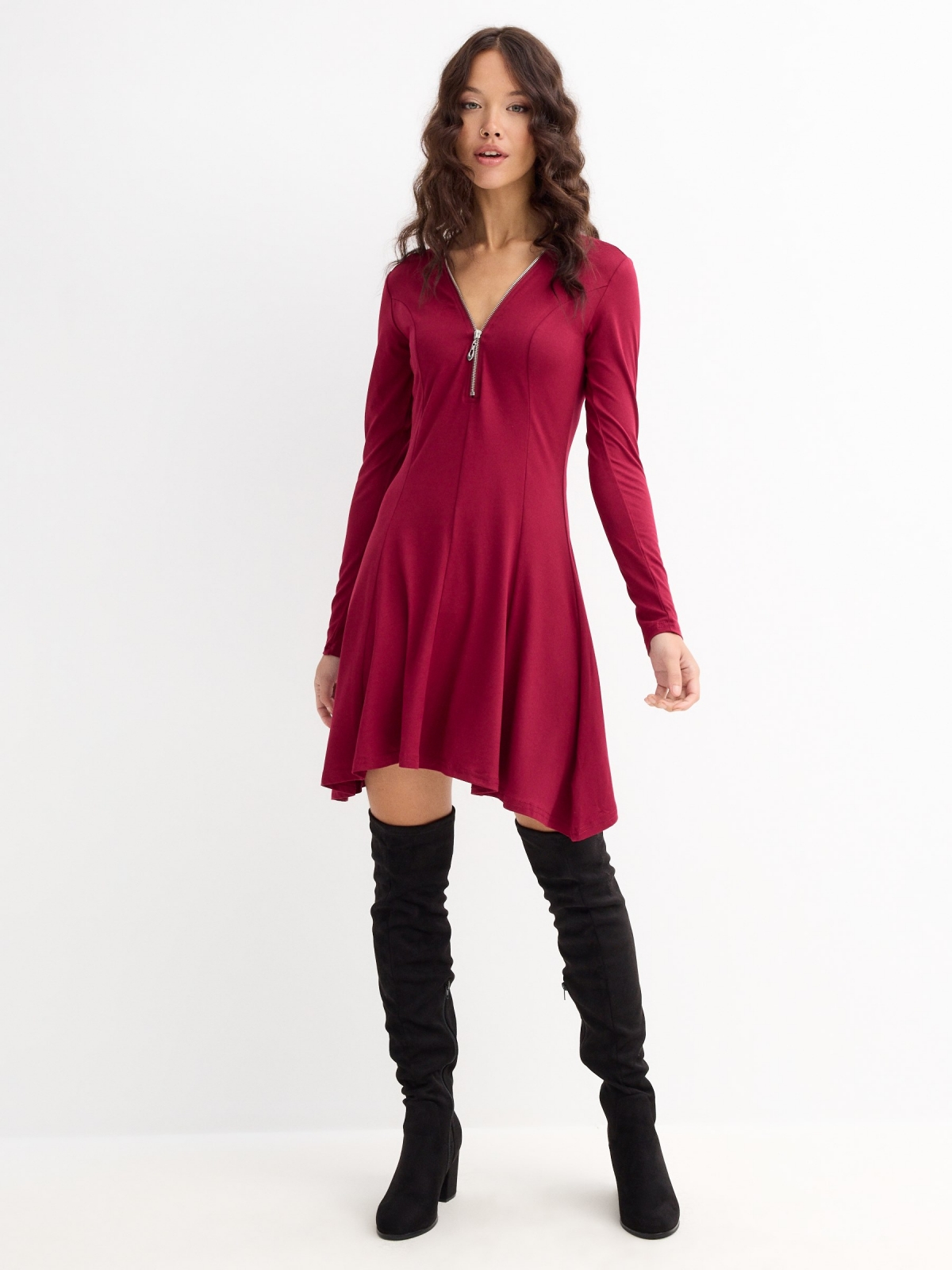 Mini dress with zipper neckline garnet general front view