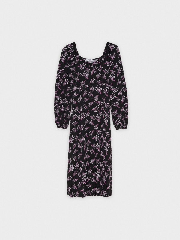  Midi dress purple leaves print black front view