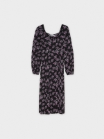 %Pto% Vestido midi hojas print moradas negro vista frontal