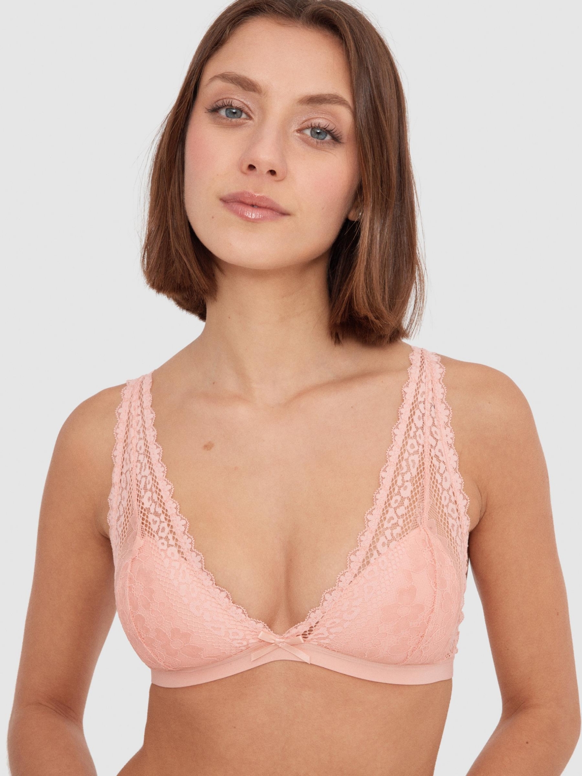 Bralette rosa de encaje rosa vista general frontal