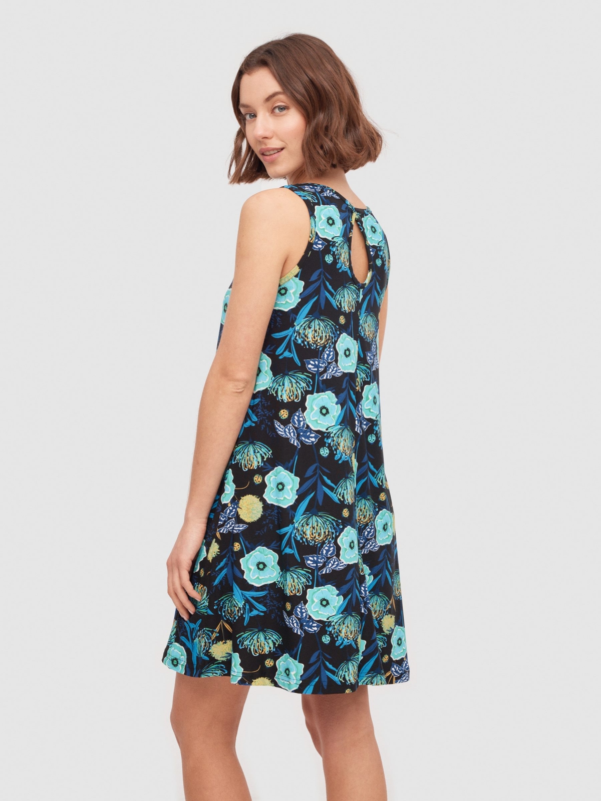 Flared floral print dress black middle back view