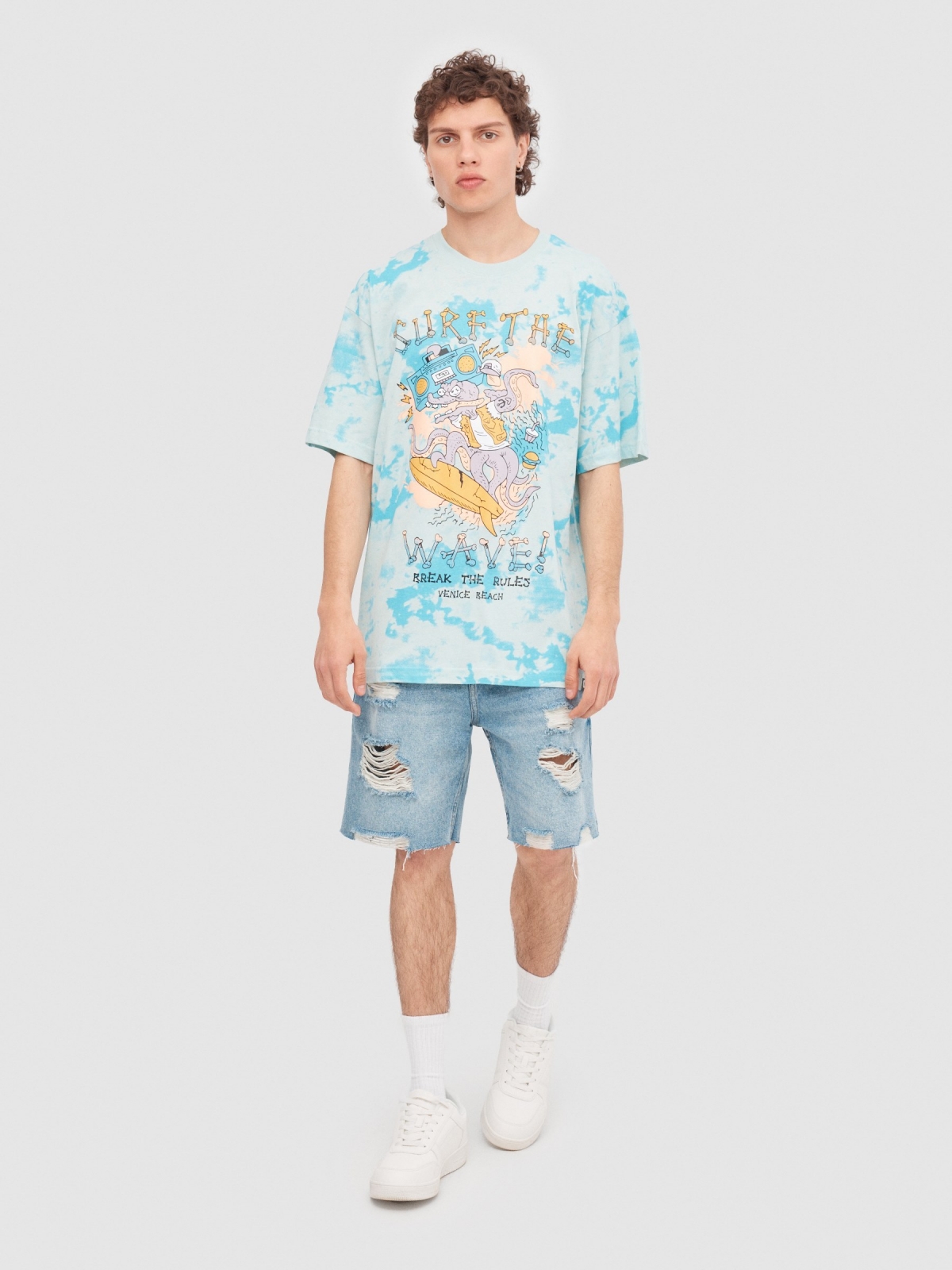 Tie dye surf octopus t-shirt green front view