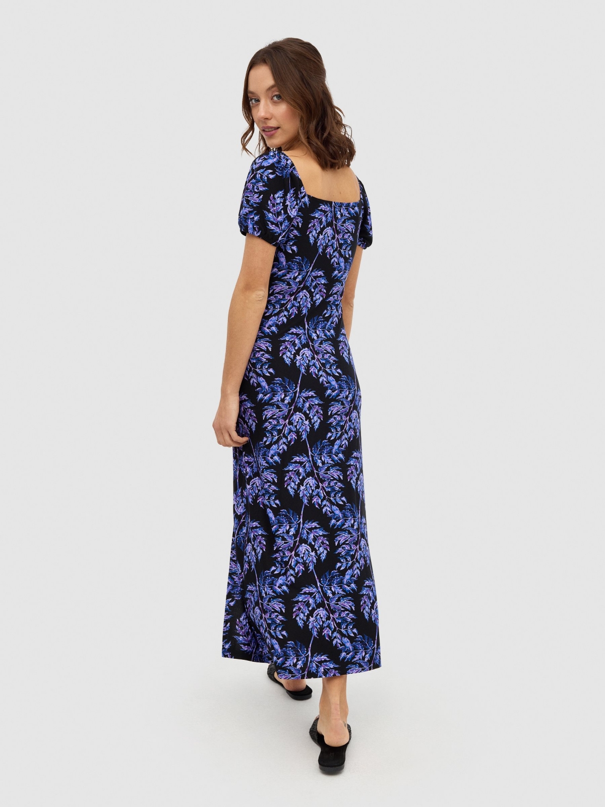 Leaf-print thigh split midi dress indigo blue middle back view