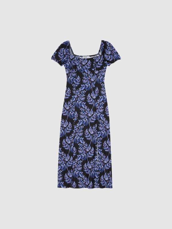  Leaf-print thigh split midi dress indigo blue